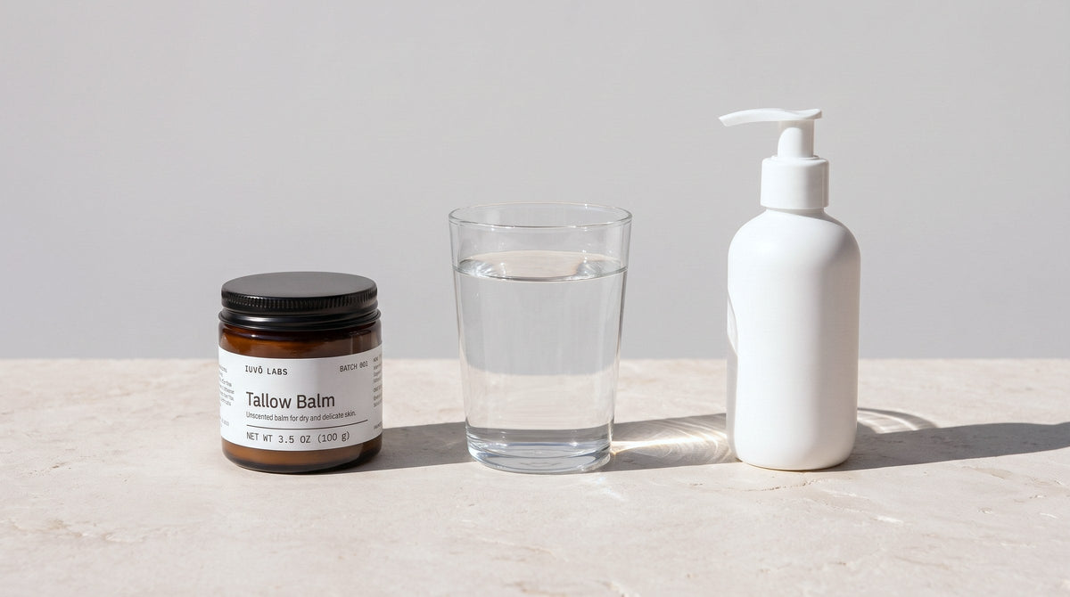 Tallow Balm next to a glass of water and a white lotion bottle on pale stone