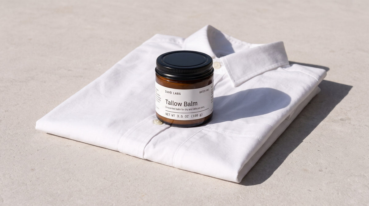 Tallow Balm on a folded white shirt in hard sun